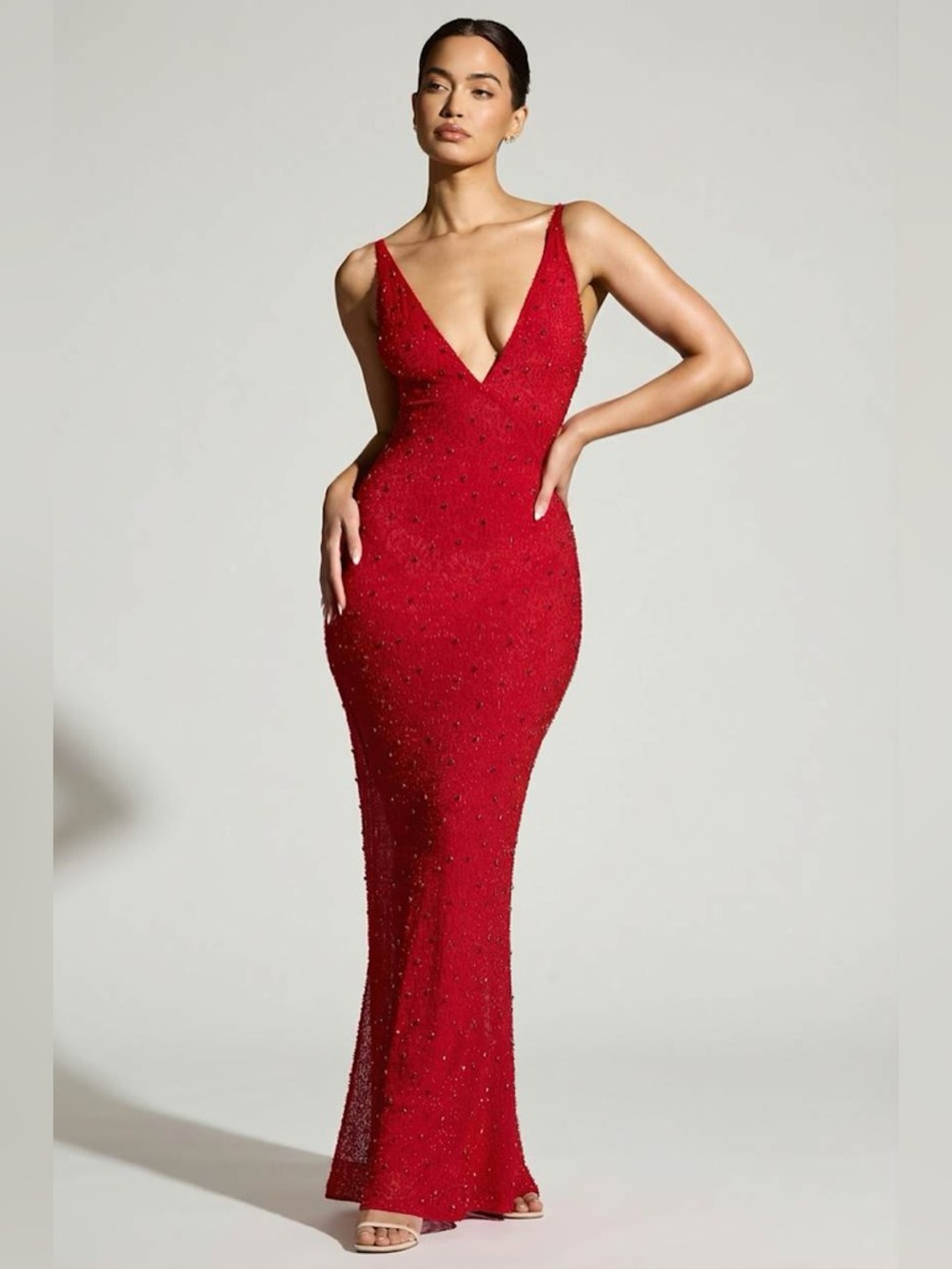 Embellished Plunge Neck Evening Gown in Red
